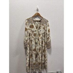 R. Vivimos Midi Dress M 8/10 Floral Ivory Gold Long Slv V Neck Boho Rope Tassels